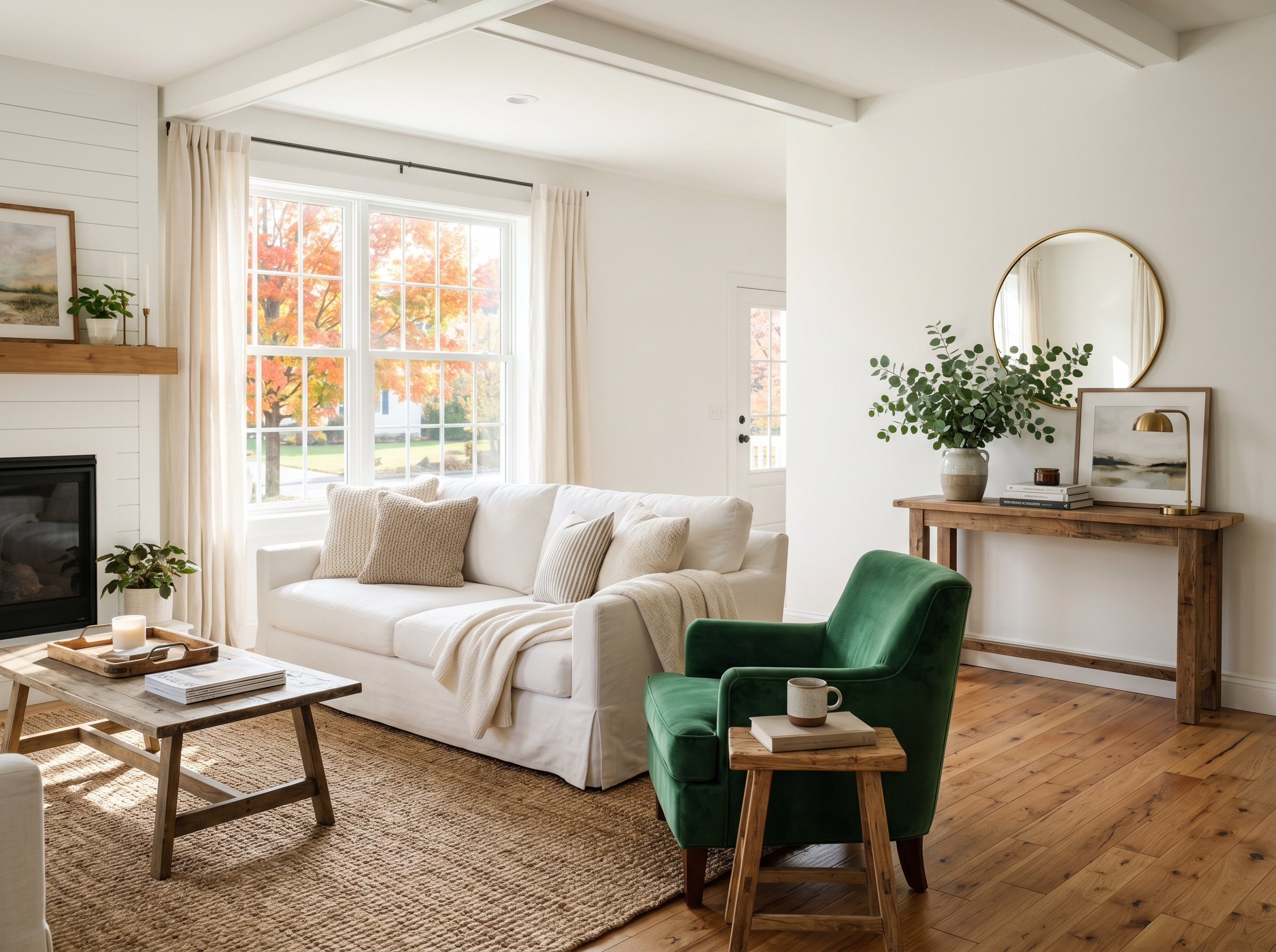 Bright Clarks Summit living room with a single emerald velvet armchair, recently cleaned by Jemstone